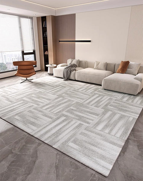 Extra Large Modern Rugs for Bedroom, Geometric Modern Rug Placement Ideas for Dining Room, Abstract Gray Contemporary Modern Rugs for Living Room-LargePaintingArt.com