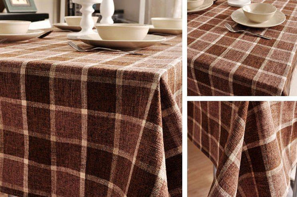 Modern Brown Table Cover for Home Decoration, Brown Checked Linen Tablecloth, Rustic Wedding , Checkerboard Tablecloth-LargePaintingArt.com