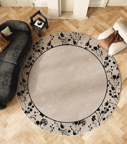 Flower Pattern Round Carpets under Coffee Table, Contemporary Round Rugs for Dining Room, Circular Modern Rugs for Living Room, Modern Area Rugs for Bedroom-LargePaintingArt.com