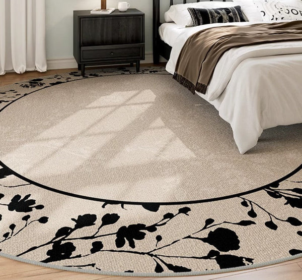 Flower Pattern Round Carpets under Coffee Table, Contemporary Round Rugs for Dining Room, Circular Modern Rugs for Living Room, Modern Area Rugs for Bedroom-LargePaintingArt.com