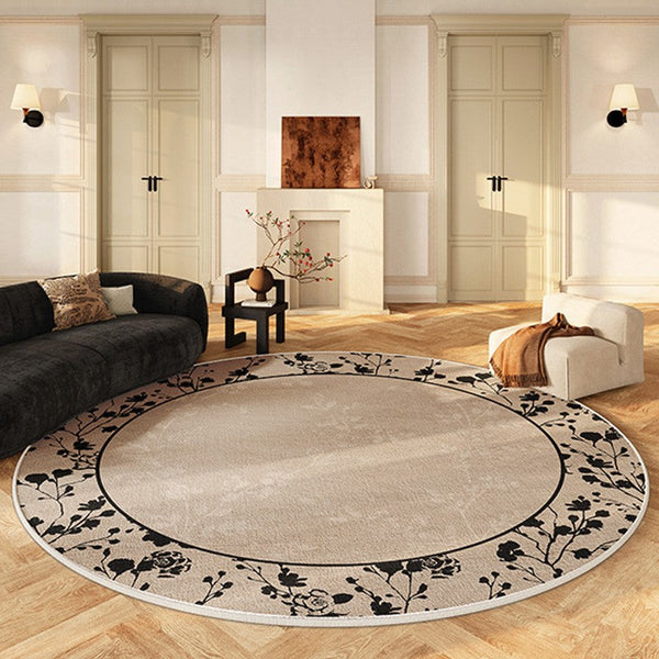 Flower Pattern Round Carpets under Coffee Table, Contemporary Round Rugs for Dining Room, Circular Modern Rugs for Living Room, Modern Area Rugs for Bedroom-LargePaintingArt.com