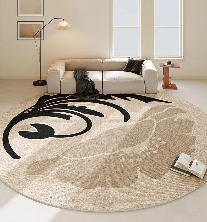 Dining Room Round Rugs, Modern Area Rugs under Coffee Table, Round Modern Rugs, Flower Pattern Abstract Contemporary Area Rugs, Modern Rugs in Bedroom-LargePaintingArt.com