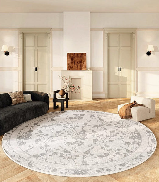 Modern Area Rugs for Bedroom, Flower Pattern Round Carpets under Coffee Table, Contemporary Round Rugs for Dining Room, Circular Modern Rugs for Living Room-LargePaintingArt.com