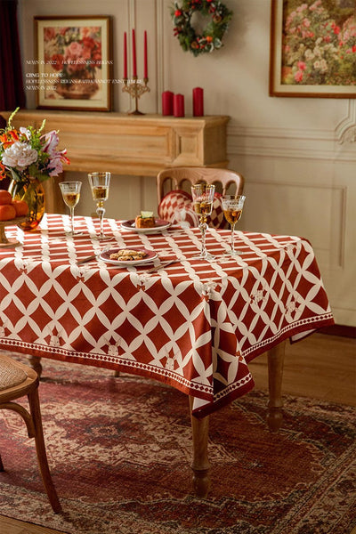 Holiday Red Tablecloth for Dining Table, Rabbit Pattern Table Cover for Dining Room Table, Modern Rectangle Tablecloth for Oval Table-LargePaintingArt.com