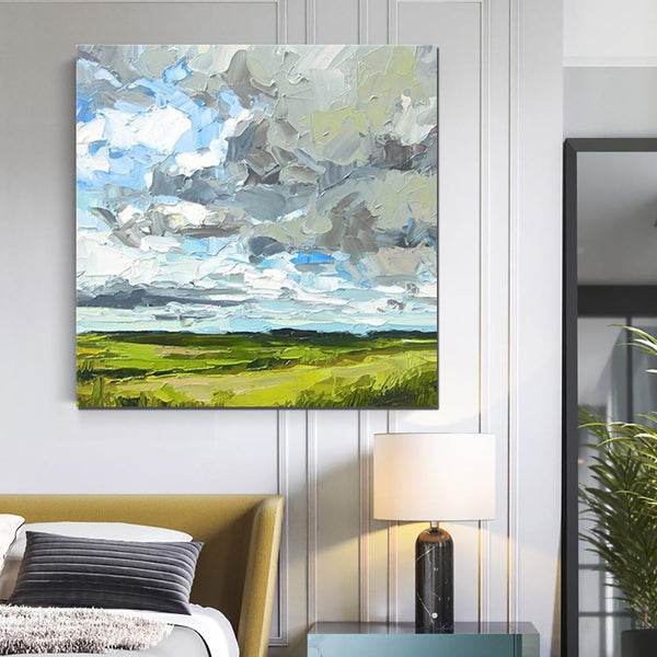 Large Acrylic Paintings for Bedroom, Heavy Texture Canvas Art, Abstract Landscape Painting, Grass Land under Sky Painting, Landscape Paintings for Living Room-LargePaintingArt.com