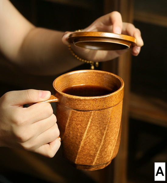 Unique Tea Cup, Large Capacity Coffee Mug with Cover, Large Modern Handmade Pottery Coffee Cup, Creative Brown Green Blue Black Ceramic Coffee Mugs-LargePaintingArt.com