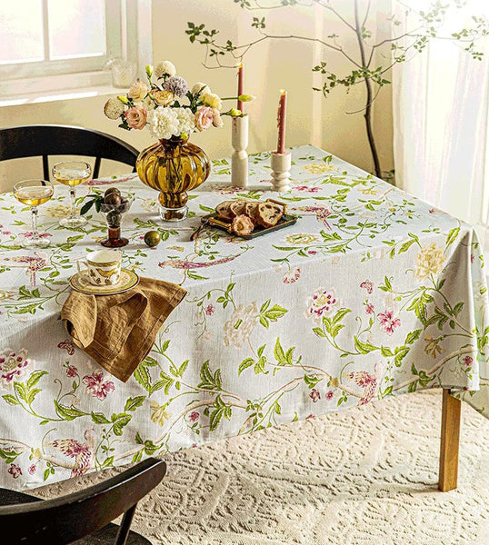 Singing Bird Tablecloth for Round Table, Kitchen Table Cover, Flower Table Cover for Dining Room Table, Modern Rectangle Tablecloth Ideas for Oval Table-LargePaintingArt.com