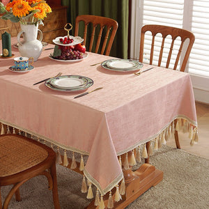 Pink Fringes Tablecloth for Home Decoration, Modern Rectangle Tablecloth, Large Simple Table Cover for Dining Room Table, Square Tablecloth for Round Table-LargePaintingArt.com