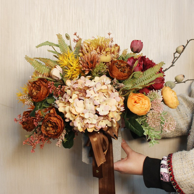 Large Bunch of Autumn Flowers Arrangement Interior Design, Peony Faux Silk Floral Bouquet Table Centerpiece, Modern Artificial Floral Arrangement for Bedroom-LargePaintingArt.com