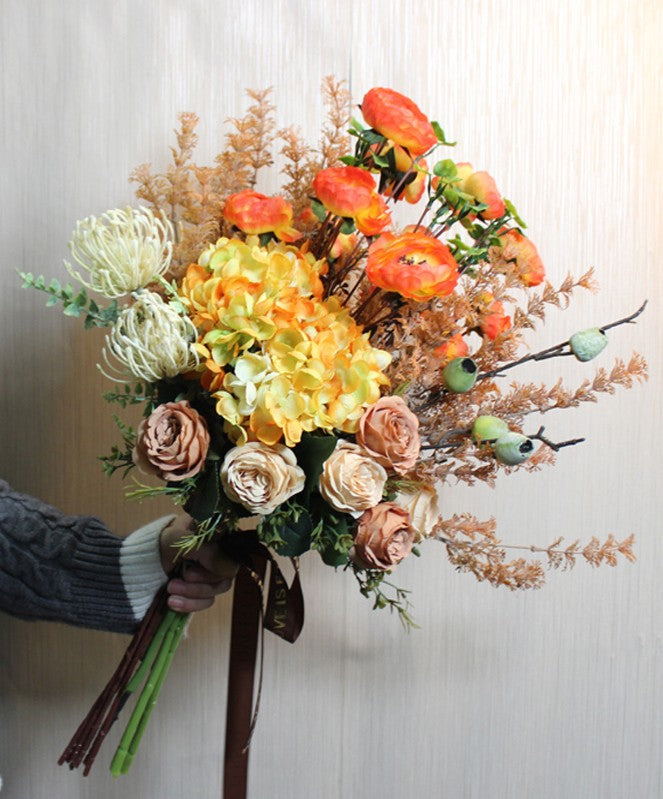 Modern Artificial Floral Arrangement for Bedroom, Large Bunch of Autumn Flowers Arrangement Interior Design, Creative Faux Silk Floral Bouquet Table Centerpiece-LargePaintingArt.com