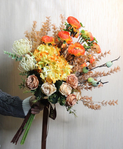 Modern Artificial Floral Arrangement for Bedroom, Large Bunch of Autumn Flowers Arrangement Interior Design, Creative Faux Silk Floral Bouquet Table Centerpiece-LargePaintingArt.com