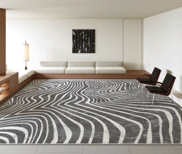 Abstract Contemporary Rugs for Bedroom, Black Stripe Area Rugs under Sofa, Mid Century Area Rugs for Living Room, Modern Carpets for Office, Dining Room Floor Rugs-LargePaintingArt.com