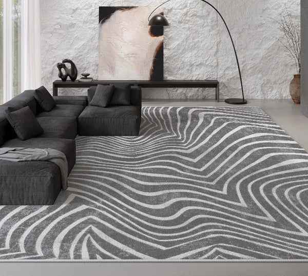 Abstract Contemporary Rugs for Bedroom, Black Stripe Area Rugs under Sofa, Mid Century Area Rugs for Living Room, Modern Carpets for Office, Dining Room Floor Rugs-LargePaintingArt.com