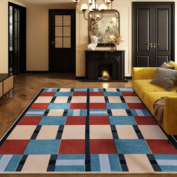 Dining Room Floor Carpets, Geometric Modern Rugs for Dining Room, Mid Century Modern Living Room Rugs, Blue Contemporary Area Rugs for Bedroom-LargePaintingArt.com