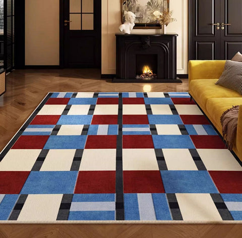 Geometric Modern Rugs for Dining Room, Mid Century Modern Living Room Rugs, Blue Contemporary Area Rugs for Bedroom, Dining Room Floor Carpets-LargePaintingArt.com