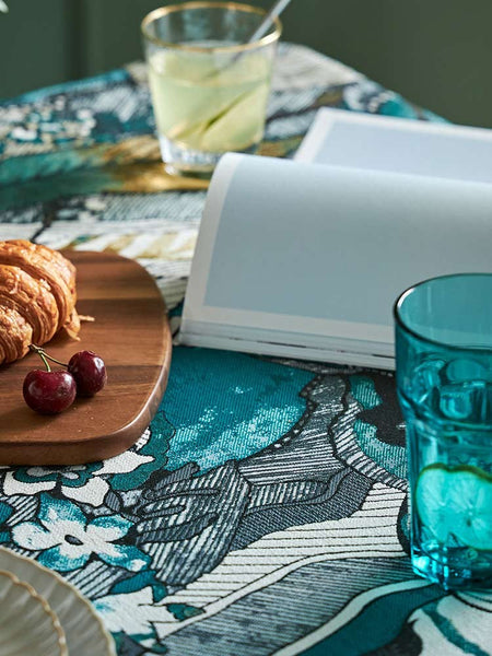 Large Modern Rectangle Tablecloth for Dining Room Table, Blue Flower Pattern Farmhouse Table Cloth, Square Tablecloth for Round Table-LargePaintingArt.com