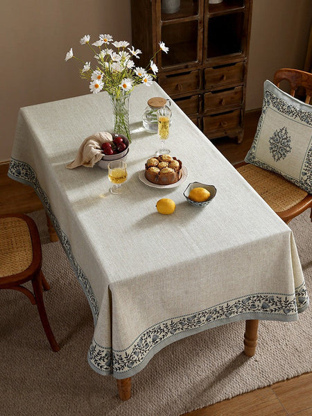 Table Cover for Dining Room Table, Flower Pattern Linen Tablecloth for Round Table, Modern Kitchen Table Cover, Simple Modern Rectangle Tablecloth Ideas for Oval Table-LargePaintingArt.com