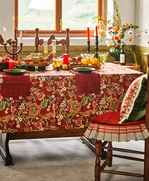 Large Modern Rectangle Tablecloth for Dining Table, Azalea Flower Pattern Table Covers for Dining Table, Red Flower Pattern Table Cloth for Oval Table-LargePaintingArt.com