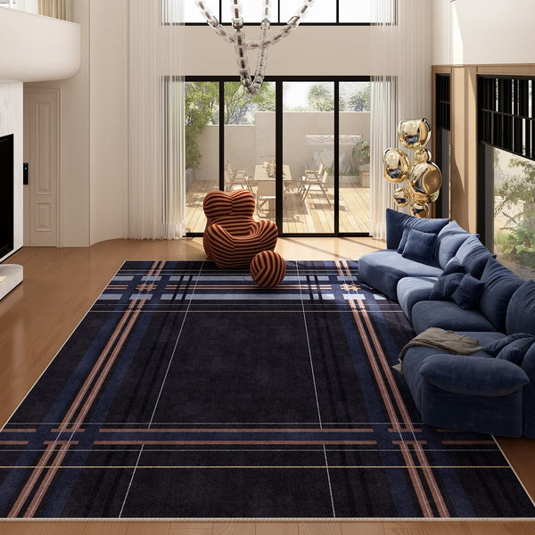 Geometric Modern Rug Placement Ideas for Dining Room, Abstract Blue Contemporary Modern Rugs for Living Room, Large Modern Rugs for Bedroom-LargePaintingArt.com