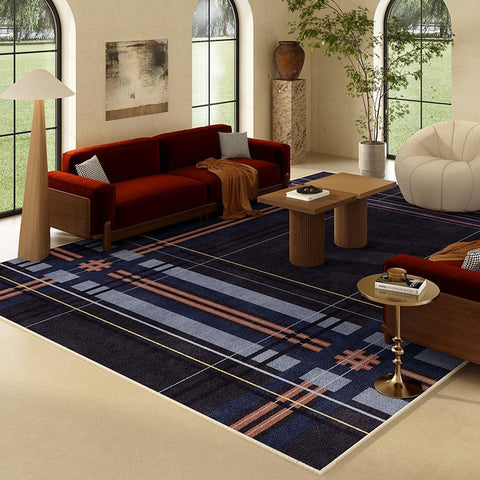 Geometric Modern Rug Placement Ideas for Dining Room, Abstract Blue Contemporary Modern Rugs for Living Room, Large Modern Rugs for Bedroom-LargePaintingArt.com