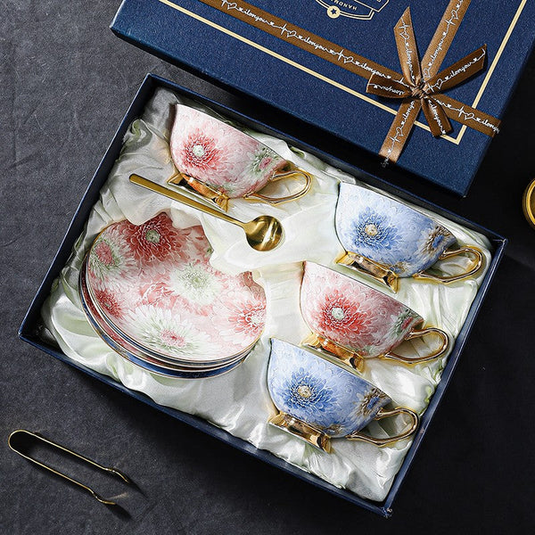 Unique Tea Cups and Saucers in Gift Box, Blue and Pink Beautiful British Tea Cups, Elegant Ceramic Coffee Cups, Creative Bone China Porcelain Tea Cup Set-LargePaintingArt.com