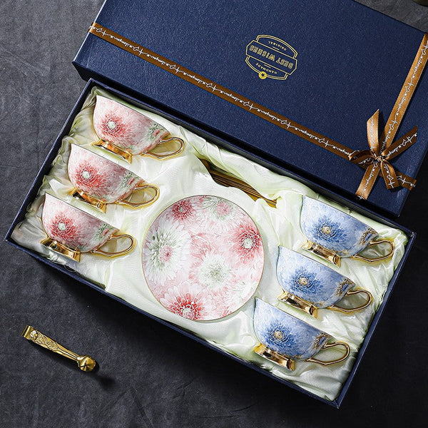 Unique Tea Cups and Saucers in Gift Box, Blue and Pink Beautiful British Tea Cups, Elegant Ceramic Coffee Cups, Creative Bone China Porcelain Tea Cup Set-LargePaintingArt.com