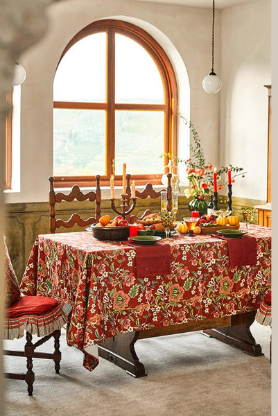 Large Modern Rectangle Tablecloth for Dining Table, Azalea Flower Pattern Table Covers for Dining Table, Red Flower Pattern Table Cloth for Oval Table-LargePaintingArt.com