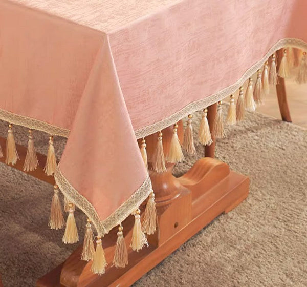 Pink Fringes Tablecloth for Home Decoration, Modern Rectangle Tablecloth, Large Simple Table Cover for Dining Room Table, Square Tablecloth for Round Table-LargePaintingArt.com