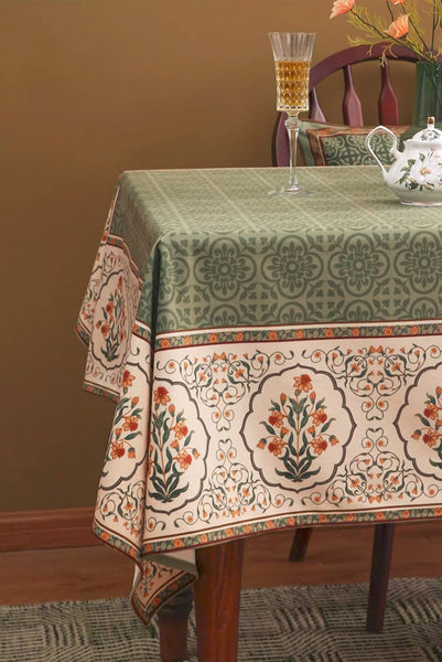 Rectangle Table Cover Ideas for Dining Table, Square Tablecloth for Round Table, Green Flower Pattern Table Cover for Kitchen, Outdoor Picnic Tablecloth-LargePaintingArt.com