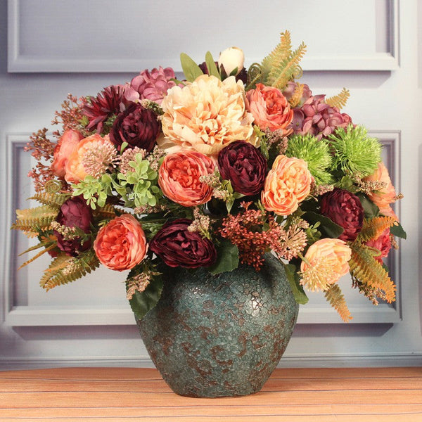 Large Bunch of Autumn Flowers Arrangement, Peony Faux Silk Floral Bouquet Table Centerpiece, Amazing Artificial Floral Arrangement for Dining Room-LargePaintingArt.com