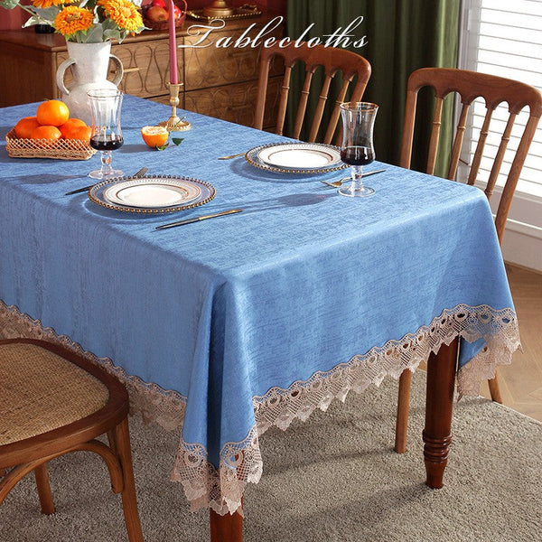 Large Modern Rectangle Tablecloth, Simple Table Cover for Dining Room Table, Blue Lace Tablecloth Ideas for Home Decoration, Square Tablecloth for Round Table-LargePaintingArt.com