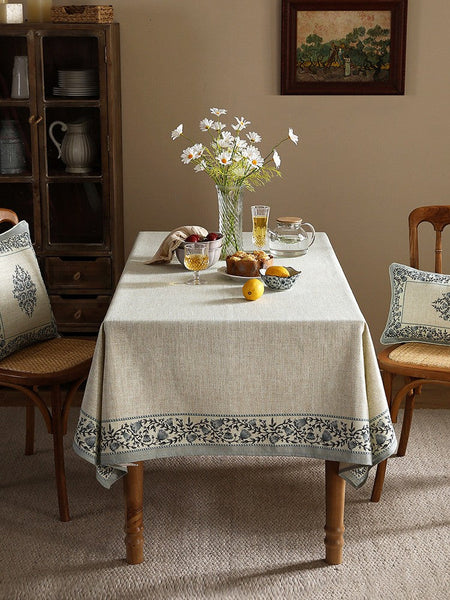 Table Cover for Dining Room Table, Flower Pattern Linen Tablecloth for Round Table, Modern Kitchen Table Cover, Simple Modern Rectangle Tablecloth Ideas for Oval Table-LargePaintingArt.com