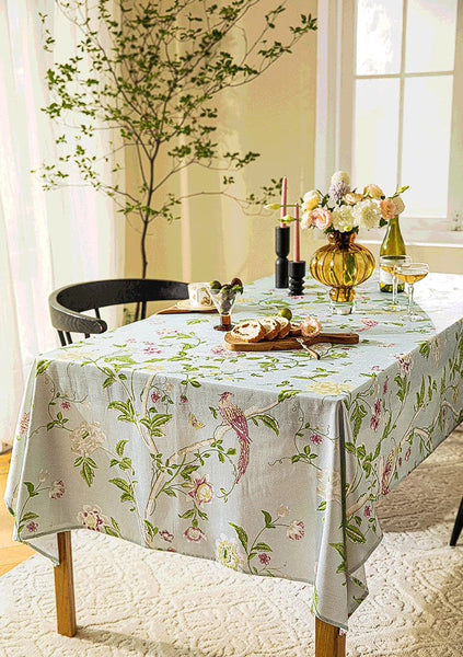 Singing Bird Tablecloth for Round Table, Kitchen Table Cover, Flower Table Cover for Dining Room Table, Modern Rectangle Tablecloth Ideas for Oval Table-LargePaintingArt.com