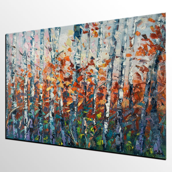 Canvas Art, Birch Tree Wall Art, Abstract Painting, Living Room Wall Art, Original Artwork, Custom Canvas Painting-LargePaintingArt.com