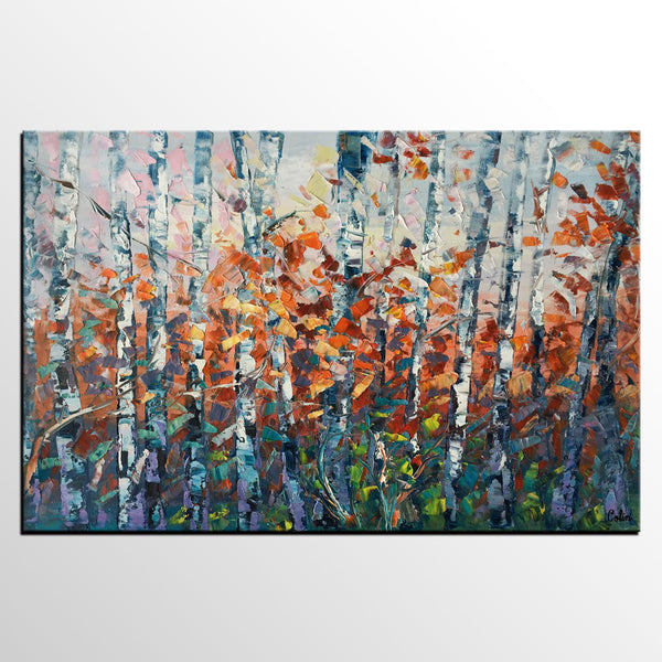 Canvas Art, Birch Tree Wall Art, Abstract Painting, Living Room Wall Art, Original Artwork, Custom Canvas Painting-LargePaintingArt.com