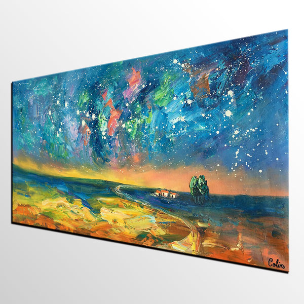 Abstract Landscape Paintings, Starry Night Sky Oil Painting, Landscape Canvas Paintings, Custom Original Oil Painting on Canvas-LargePaintingArt.com