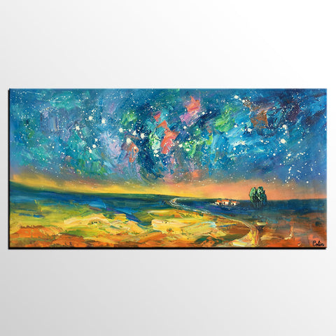 Abstract Landscape Paintings, Starry Night Sky Oil Painting, Landscape Canvas Paintings, Custom Original Oil Painting on Canvas-LargePaintingArt.com