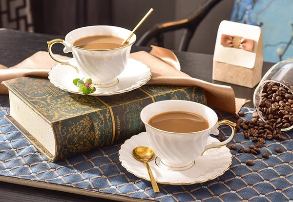 White Bone China Porcelain Tea Cup Set, Elegant British Tea Cup and Saucer in Gift Box, Unique British Ceramic Coffee Cups for Afternoon Tea-LargePaintingArt.com