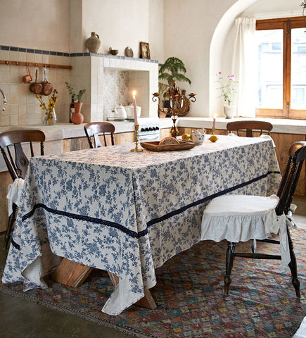 Extra Large Vintage Rectangle Tablecloth for Dining Room Table, Rustic Farmhouse Table Cover for Kitchen, French Flower Pattern Tablecloth for Round Table-LargePaintingArt.com