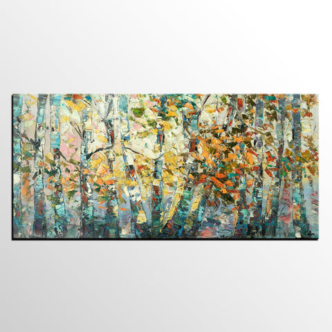 Canvas Art, Autumn Birch Tree Painting, Abstract Landscape Painting, Abstract Art Painting, Custom Canvas Painting-LargePaintingArt.com