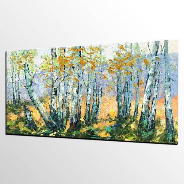 Custom Dining Room Wall Art, Landscape Painting, Birch Tree Painting, Impasto Canvas Art-LargePaintingArt.com