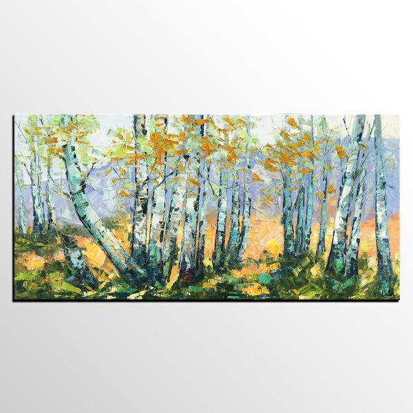 Custom Dining Room Wall Art, Landscape Painting, Birch Tree Painting, Impasto Canvas Art-LargePaintingArt.com