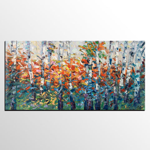 Birch Tree Painting, Impasto Art, Large Canvas Art, Bedroom Canvas Painting, Custom Extra Large Painting-LargePaintingArt.com