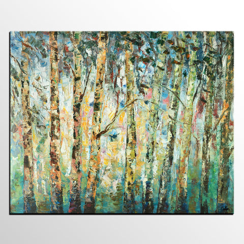 Abstract Landscape Painting, Birch Tree Painting, Bedroom Wall Art Paintings, Simple Modern Art, Custom Landscape Painting for Bedroom-LargePaintingArt.com