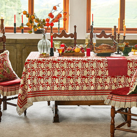 Extra Large Modern Rectangle Tablecloth for Round Table, Red Flower Pattern Table Covers for Dining Table, Red Table Cloth for Oval Table-LargePaintingArt.com