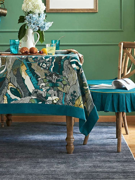 Large Modern Rectangle Tablecloth for Dining Room Table, Blue Flower Pattern Farmhouse Table Cloth, Square Tablecloth for Round Table-LargePaintingArt.com