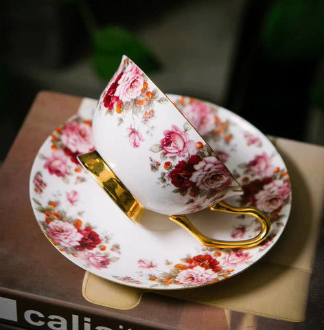 Unique Royal Coffee Cup and Saucer, Elegant Flower Ceramic Cups, Creative Bone China Porcelain Tea Cup Set, Beautiful British Tea Cups-LargePaintingArt.com