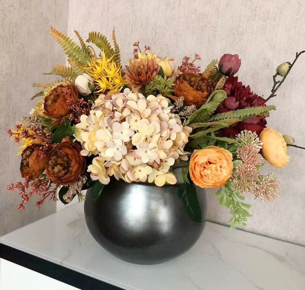 Large Bunch of Autumn Flowers Arrangement Interior Design, Peony Faux Silk Floral Bouquet Table Centerpiece, Modern Artificial Floral Arrangement for Bedroom-LargePaintingArt.com