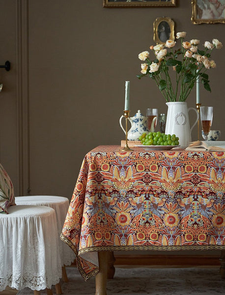 Flower Pattern Tablecloth, Square Tablecloth for Round Table, Large Cotton Rectangle Tablecloth for Home Decoration, Farmhouse Table Cloth Dining Room Table-LargePaintingArt.com