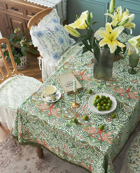 Green Flower Pattern Tablecloth for Home Decoration, Large Square Tablecloth for Round Table, Extra Large Rectangle Tablecloth for Dining Room Table-LargePaintingArt.com